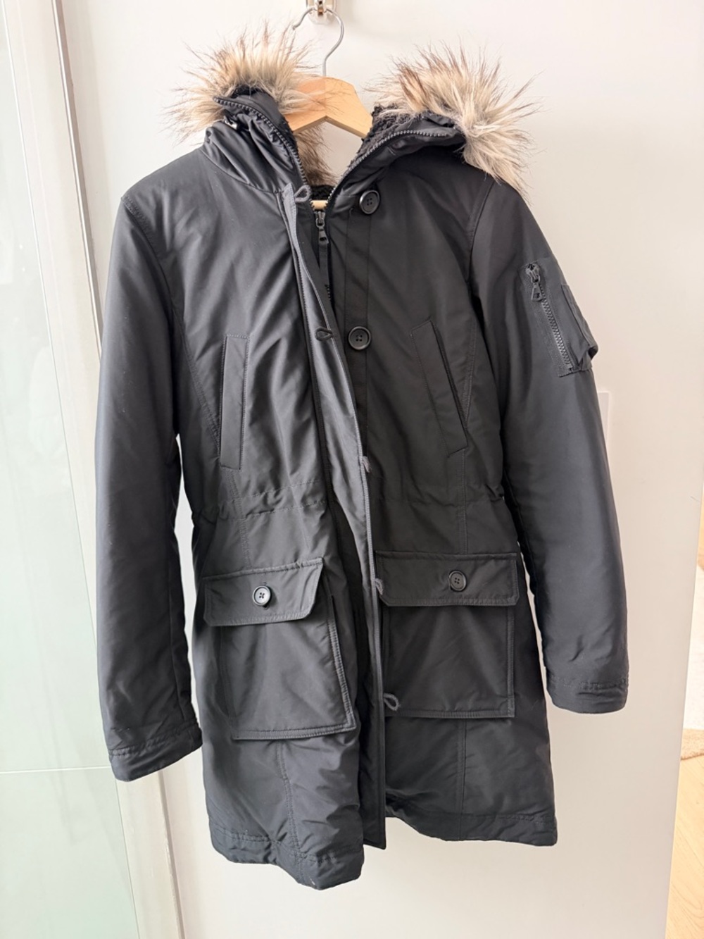 Black Hooded Parka Jacket with Faux Fur Trim